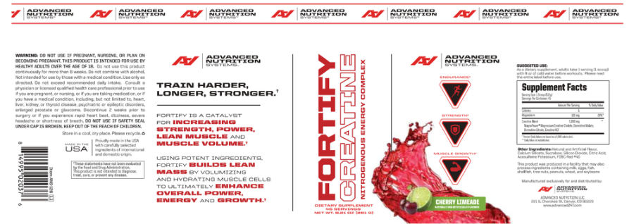 Official label of Advanced Nutrition Systems Fortify Creatine Cherry Limeade (NIH DSLD #180470)