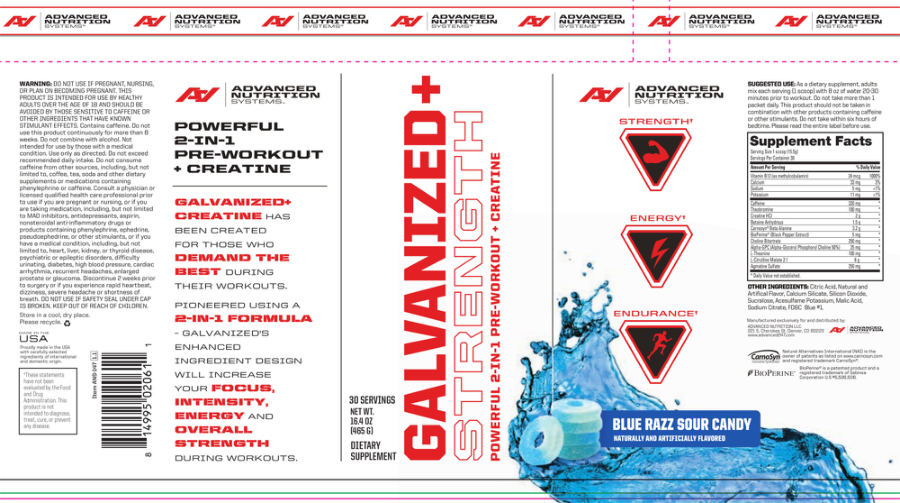 Official label of Advanced Nutrition Systems Galvanized + Strength Blue Razz Sour Candy (NIH DSLD #180488)