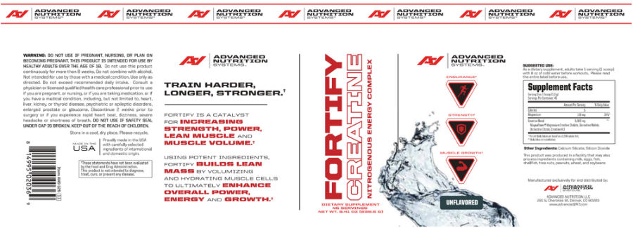 Official label of Advanced Nutrition Systems Fortify Creatine Unflavored (NIH DSLD #180524)