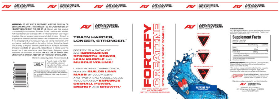 Official label of Advanced Nutrition Systems Fortify Creatine Patriot Pop (NIH DSLD #180528)