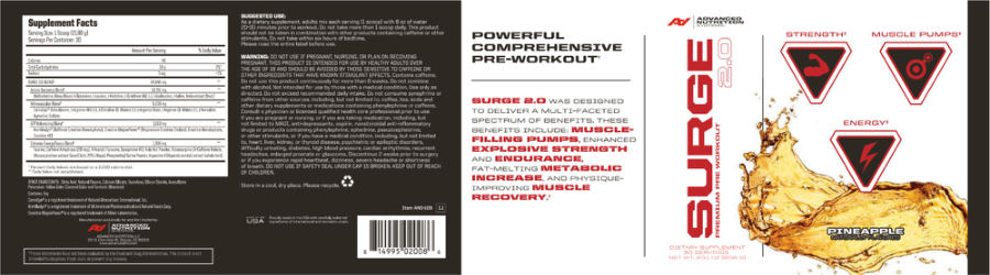 Official label of Advanced Nutrition Systems Surge 2.0 Pineapple (NIH DSLD #180559)