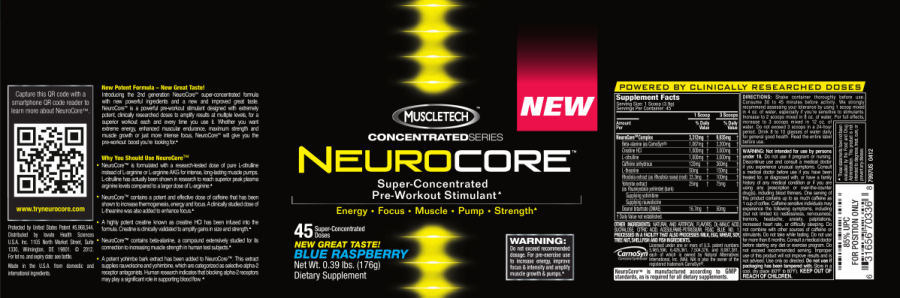 Official label of MuscleTech Concentrated Series Neurocore Blue Raspberry (NIH DSLD #18122)