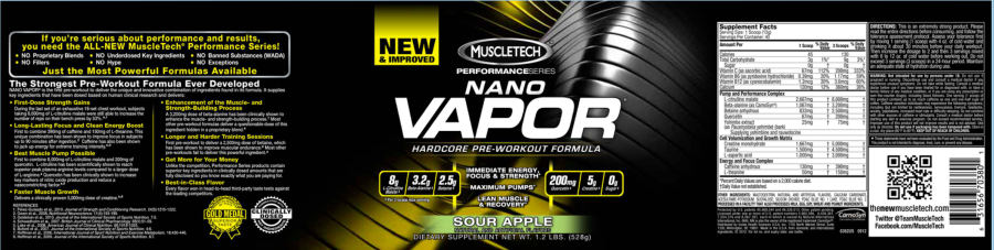 Official label of MuscleTech Performance Series Nano Vapor Hardcore Pre-Workout Formula Sour Apple (NIH DSLD #18125)