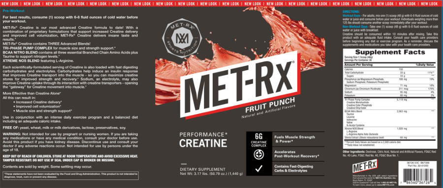 Official label of MET-Rx Performance Creatine Fruit Punch (NIH DSLD #181892)
