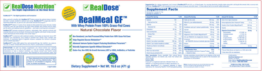 Official label of RealDose RealMeal GF Natural Chocolate Flavor (NIH DSLD #182109)