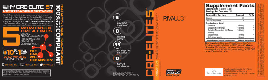 Official label of Rivalus Cre-Elite 5 Blue Orange Slice (NIH DSLD #182120)