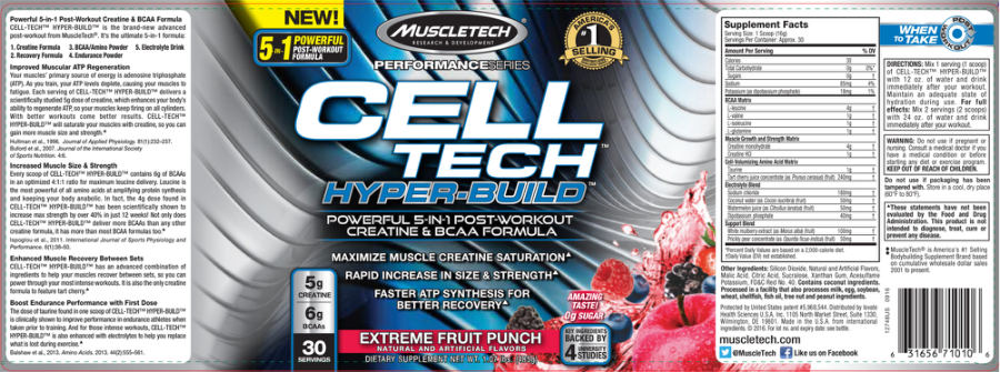 Official label of MuscleTech Performance Series CELL TECH HYPER-BUILD Extreme Fruit Punch (NIH DSLD #182383)
