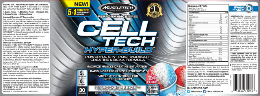 Official label of MuscleTech Performance Series CELL TECH HYPER-BUILD Icy Rocket Freeze (NIH DSLD #182533)