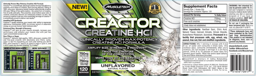 Official label of MuscleTech Performance Series Creactor Unflavored (NIH DSLD #182536)