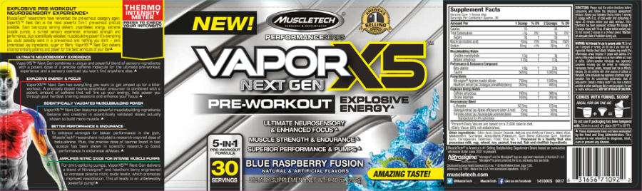 Official label of MuscleTech Performance Series VaporX5 Next Gen Blue Raspberry Fusion (NIH DSLD #182577)