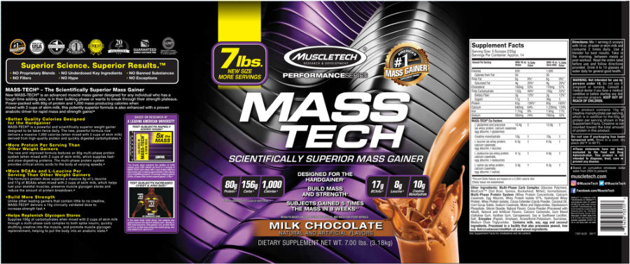 Official label of MuscleTech Performance Series MASS TECH Milk Chocolate (NIH DSLD #182622)