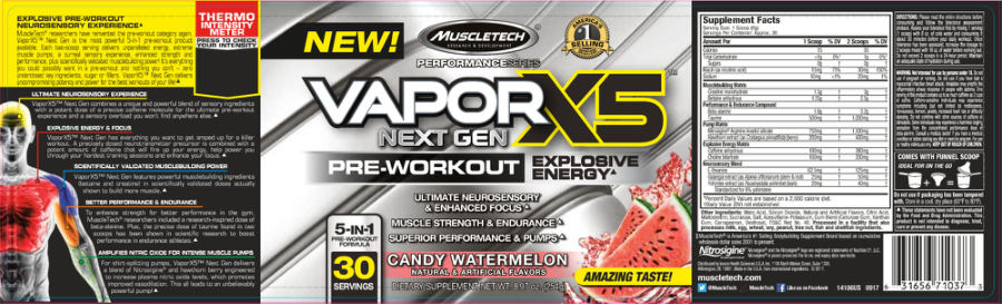 Official label of MuscleTech Performance Series VaporX5 Next Gen Candy Watermelon (NIH DSLD #182629)