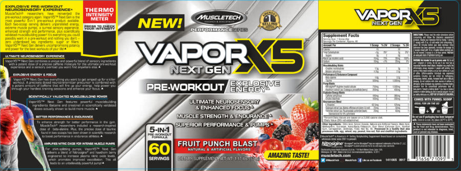 Official label of MuscleTech Performance Series VaporX5 Next Gen Fruit Punch Blast (NIH DSLD #182634)