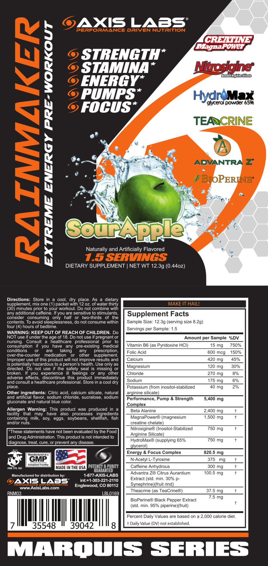 Official label of Axis Labs Rainmaker Extreme Energy Pre-Workout Sour Apple (NIH DSLD #182705)