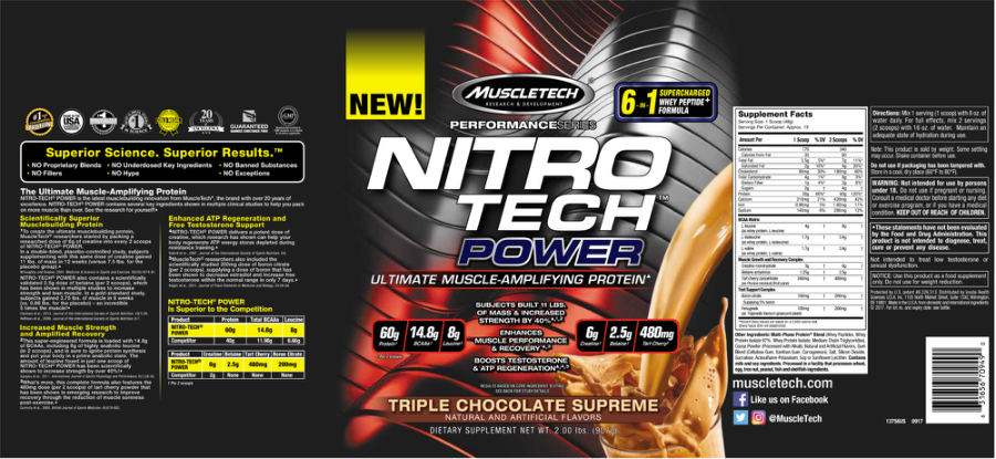 Official label of MuscleTech Performance Series NITRO TECH Power Triple Chocolate Supreme (NIH DSLD #182796)