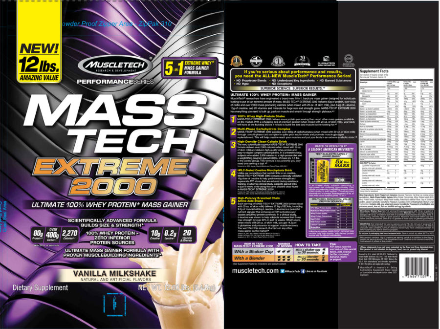 Official label of MuscleTech Performance Series MASS TECH Extreme 2000 Vanilla Milkshake (NIH DSLD #182876)