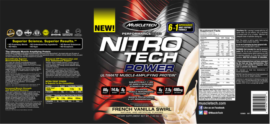 Official label of MuscleTech Performance Series NITRO TECH Power French Vanilla Swirl (NIH DSLD #182909)