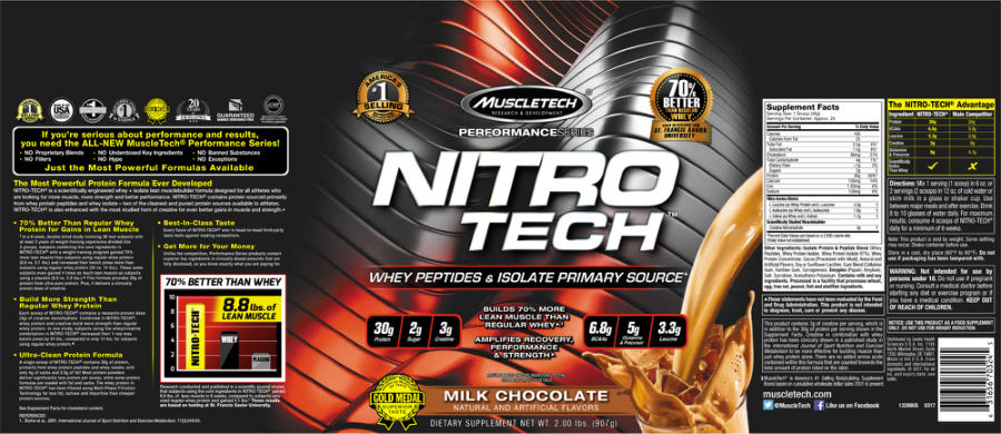 Official label of MuscleTech Performance Series NITRO TECH Milk Chocolate (NIH DSLD #182914)