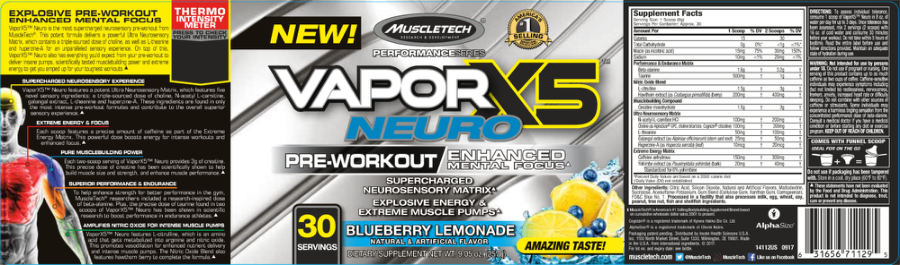 Official label of MuscleTech Performance Series VaporX5 Neuro Blueberry Lemonade (NIH DSLD #182921)