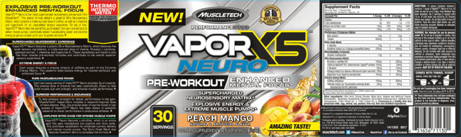 Official label of MuscleTech Performance Series VaporX5 Neuro Peach Mango (NIH DSLD #183041)