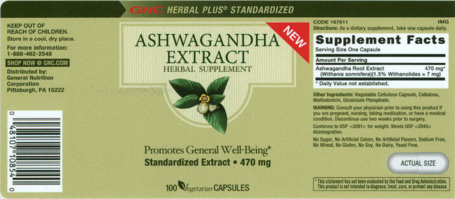 Official label of GNC Herbal Plus Standardized Ashwagandha Extract (NIH DSLD #18343)