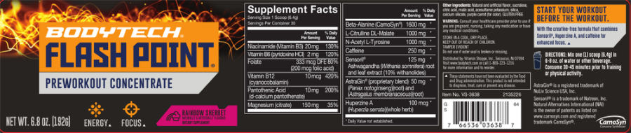 Official label of BodyTech Flash Point Rainbow Sherbet (NIH DSLD #183736)