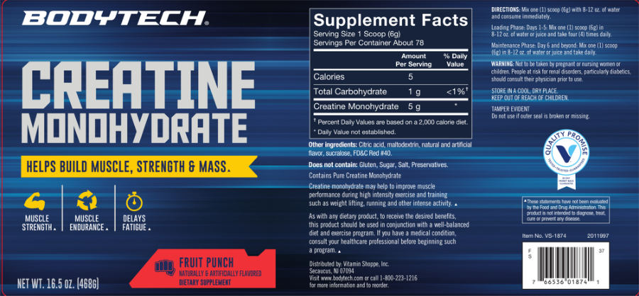Official label of BodyTech Creatine Monohydrate Fruit Punch (NIH DSLD #183741)