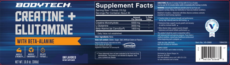 Official label of BodyTech Creatine & Glutamine With Beta-Alanine Unflavored (NIH DSLD #183806)
