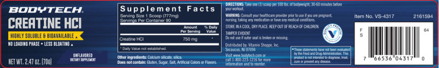 Official label of BodyTech Creatine HCl Unflavored (NIH DSLD #183872)