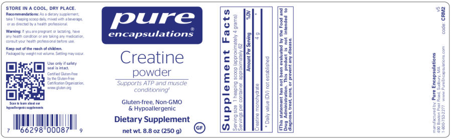 Official label of Pure Encapsulations Creatine Powder (NIH DSLD #184096)