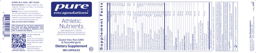 Official label of Pure Encapsulations Athletic Nutrients (NIH DSLD #184296)