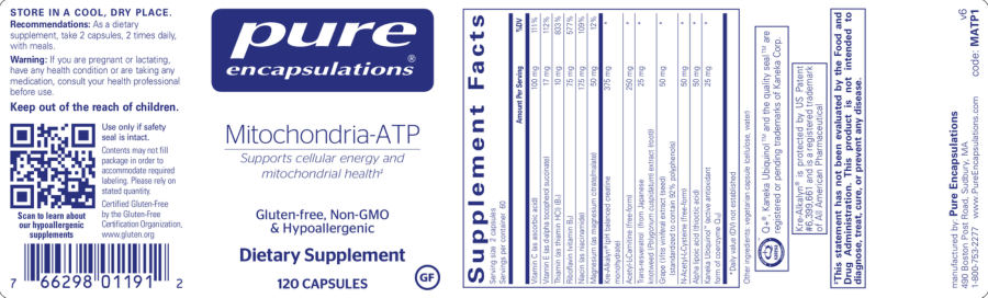 Official label of Pure Encapsulations Mitochondria-ATP (NIH DSLD #185118)