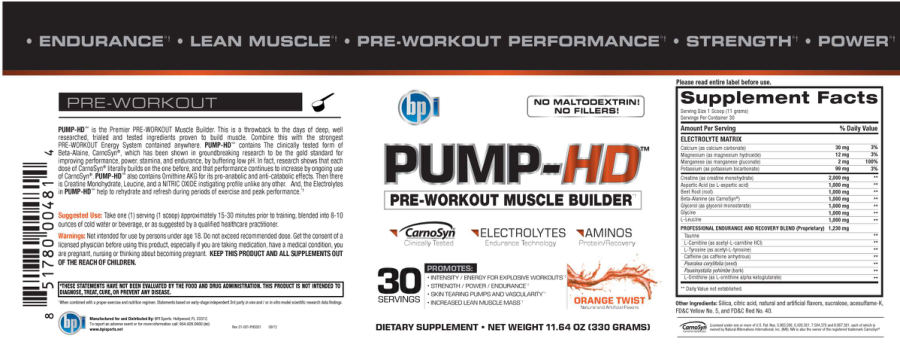 Official label of BPI Pump-HD Orange Twist (NIH DSLD #18641)