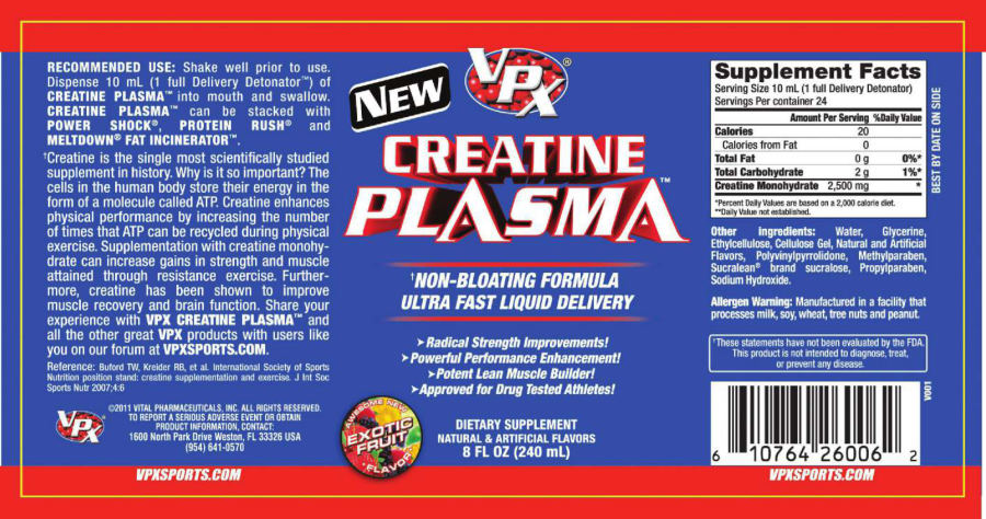 Official label of VPX Creatine Plasma Exotic Fruit (NIH DSLD #18777)