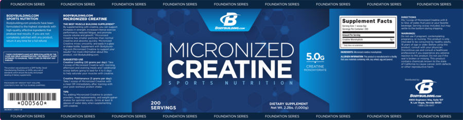 Official label of Bodybuilding.com Foundation Series Micronized Creatine 5.0 g (NIH DSLD #188908)