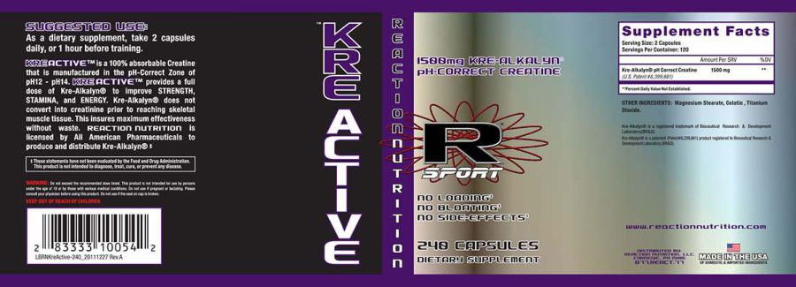 Official label of Reaction Nutrition Kre Active (NIH DSLD #19628)