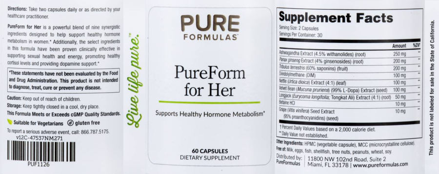 Official label of PureFormulas PureForm for Her (NIH DSLD #205919)