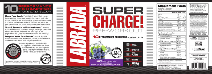Official label of Labrada Super Charge! Pre-Workout Grape (NIH DSLD #206189)