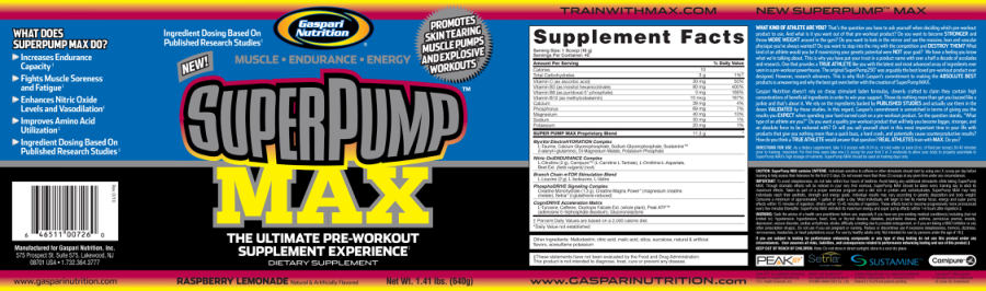 Official label of Gaspari Nutrition SuperPump Max Raspberry Lemonade (NIH DSLD #2062)