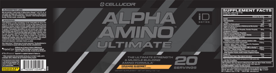 Official label of Cellucor Alpha Amino Ultimate Orange Sherbet (NIH DSLD #206270)