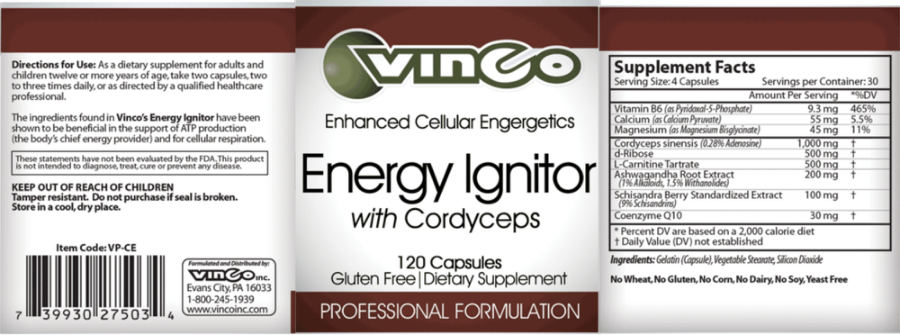 Official label of Vinco Energy Ignitor with Cordyceps (NIH DSLD #206437)