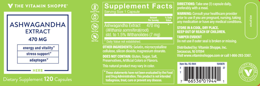 Official label of The Vitamin Shoppe Ashwagandha Extract 470 mg (NIH DSLD #208723)