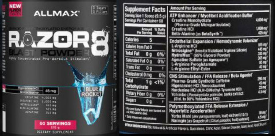 Official label of ALLMAX NUTRITION Razor 8 Blast Powder Blue Rocket (NIH DSLD #209872)