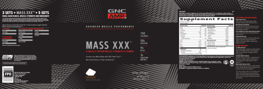 Official label of GNC AMP Mass XXX Chocolate (NIH DSLD #210519)