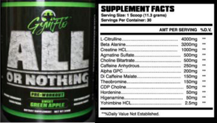 Official label of GymFlo All or Nothing Sweet Green Apple (NIH DSLD #211531)
