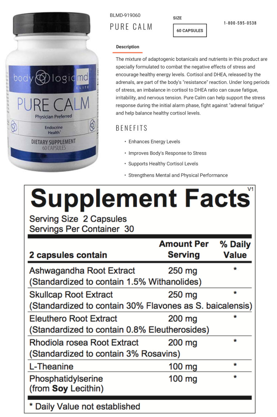Official label of BodyLogicMD Elite Pure Calm (NIH DSLD #211561)