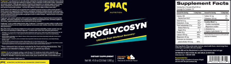 Official label of SNAC Nutrition Proglycosyn Orange Cream (NIH DSLD #211842)