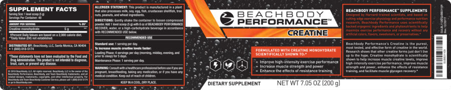 Official label of Beachbody Performance Creatine (NIH DSLD #212666)