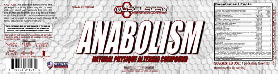 Official label of Musclegen Performance Nutrition Anabolism (NIH DSLD #213507)