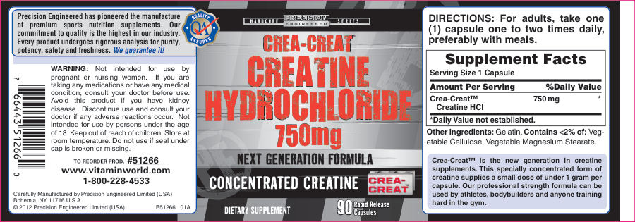 Official label of Precision Engineered Crea-Crete Creatine Hydrochloride 750 mg (NIH DSLD #21365)